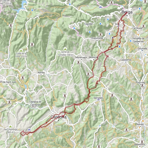 Karten-Miniaturansicht der Radinspiration "Gravel-Abenteuer um Berga" in Cataluña, Spain. Erstellt vom Tarmacs.app-Routenplaner für Radtouren