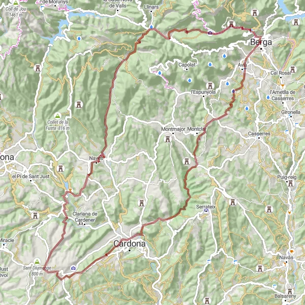 Map miniature of "Gravel Route through Berga and Cardona" cycling inspiration in Cataluña, Spain. Generated by Tarmacs.app cycling route planner