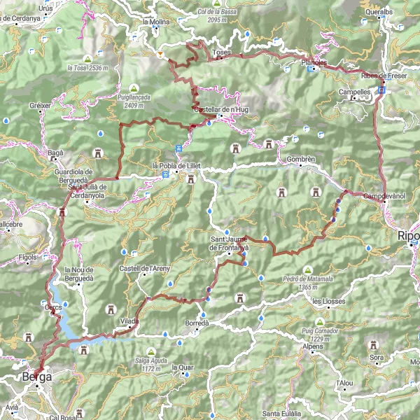 Map miniature of "Gravel Adventure through Berga" cycling inspiration in Cataluña, Spain. Generated by Tarmacs.app cycling route planner