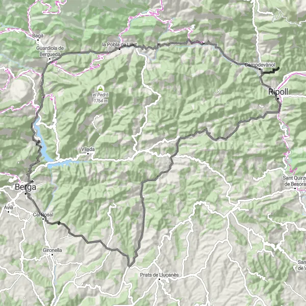 Miniatura della mappa di ispirazione al ciclismo "Sfida in bicicletta su strade tra Campdevànol e Olvan" nella regione di Cataluña, Spain. Generata da Tarmacs.app, pianificatore di rotte ciclistiche