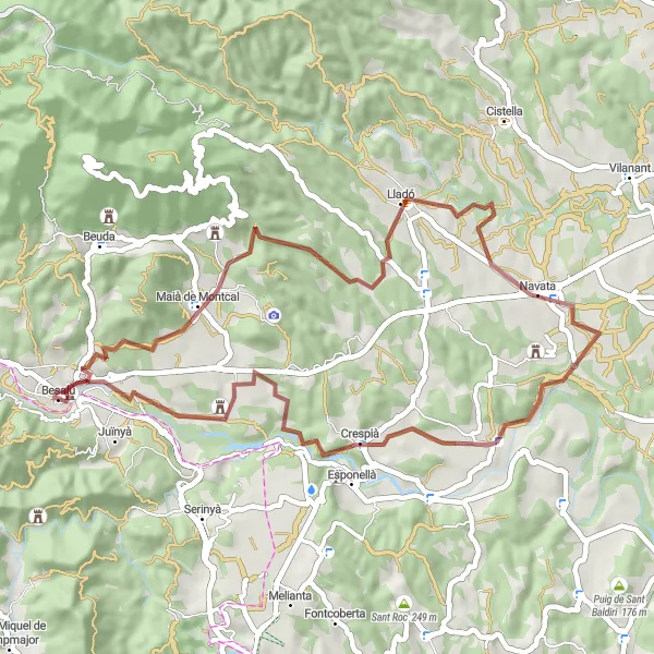 Miniaturní mapa "Gravelova cyklotrasa kolem Besalú" inspirace pro cyklisty v oblasti Cataluña, Spain. Vytvořeno pomocí plánovače tras Tarmacs.app