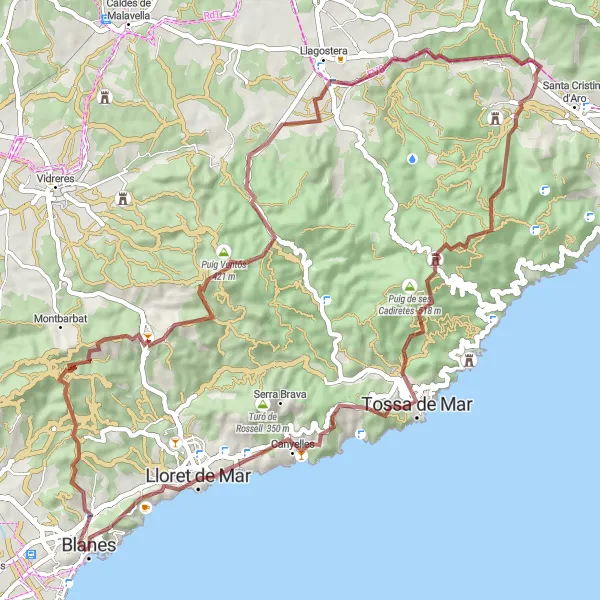 Miniatua del mapa de inspiración ciclista "Recorrido en grava por caminos rurales y monumentos históricos" en Cataluña, Spain. Generado por Tarmacs.app planificador de rutas ciclistas