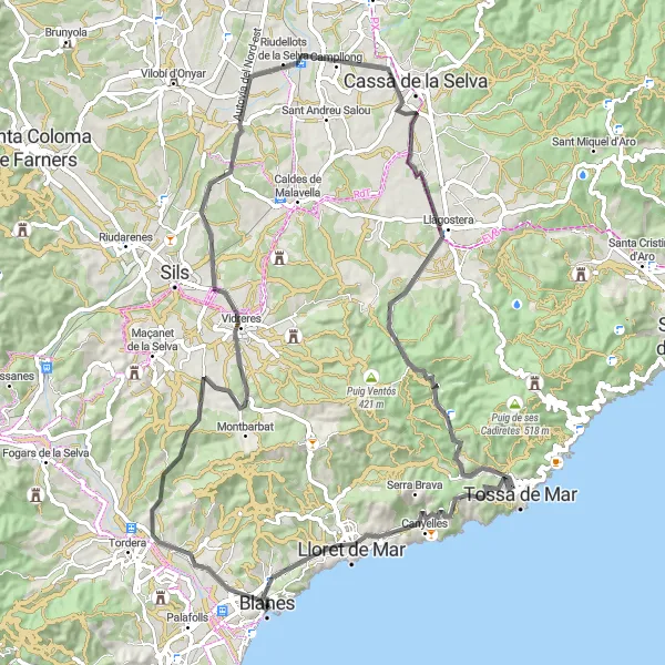 Miniatua del mapa de inspiración ciclista "Ruta de Sa Palomera y el Puig de l'Abella" en Cataluña, Spain. Generado por Tarmacs.app planificador de rutas ciclistas