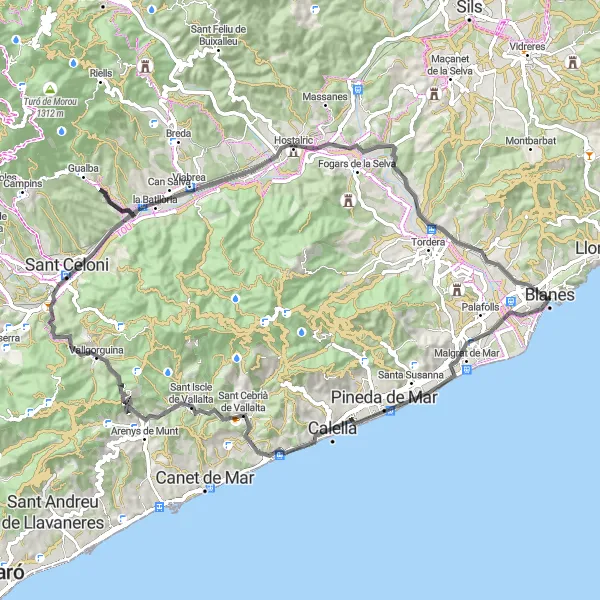 Miniatua del mapa de inspiración ciclista "Ruta escénica en carretera a lo largo de la Costa Brava" en Cataluña, Spain. Generado por Tarmacs.app planificador de rutas ciclistas