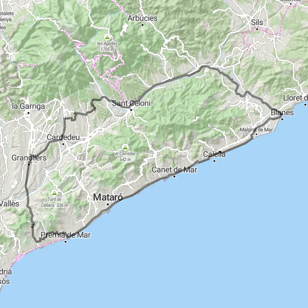 Miniatua del mapa de inspiración ciclista "Ruta desafiante por la costa catalana" en Cataluña, Spain. Generado por Tarmacs.app planificador de rutas ciclistas