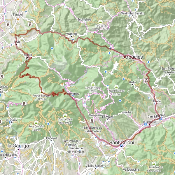 Miniatura della mappa di ispirazione al ciclismo "Turismo Gravel attraverso Colline e Montagne" nella regione di Cataluña, Spain. Generata da Tarmacs.app, pianificatore di rotte ciclistiche