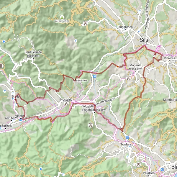 Karten-Miniaturansicht der Radinspiration "Gravel-Tour von Breda nach Viabrea" in Cataluña, Spain. Erstellt vom Tarmacs.app-Routenplaner für Radtouren