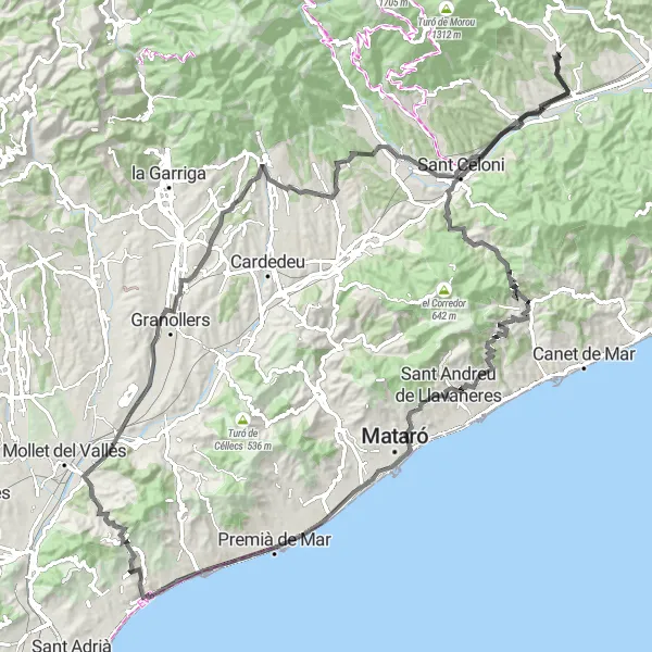 Miniatura della mappa di ispirazione al ciclismo "Giro in bicicletta da Breda" nella regione di Cataluña, Spain. Generata da Tarmacs.app, pianificatore di rotte ciclistiche