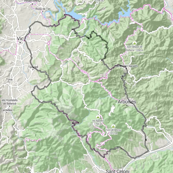 Miniatuurkaart van de fietsinspiratie "Door de groene heuvels en valleien van Cataluña" in Cataluña, Spain. Gemaakt door de Tarmacs.app fietsrouteplanner