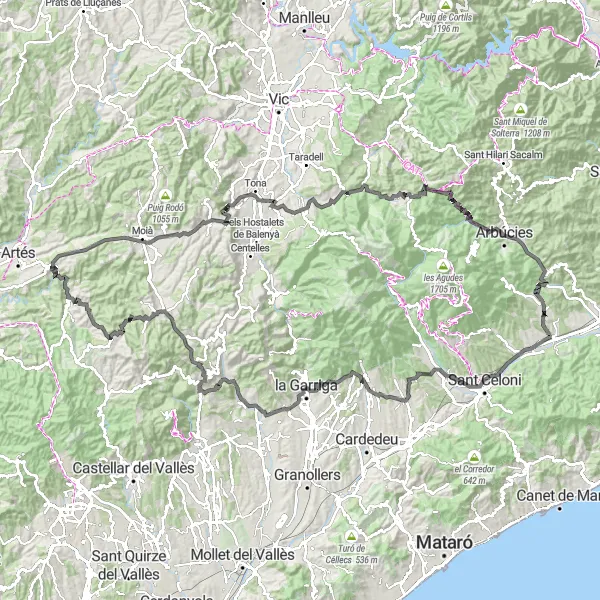 Miniatura della mappa di ispirazione al ciclismo "Avventura su Strada tra Montagne e Castelli" nella regione di Cataluña, Spain. Generata da Tarmacs.app, pianificatore di rotte ciclistiche