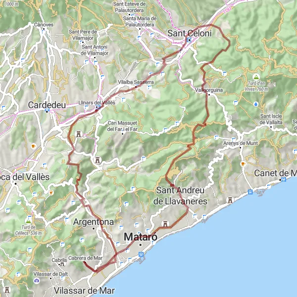 Karten-Miniaturansicht der Radinspiration "Abwechslungsreiche Graveltour von Montcabrer nach Mataró" in Cataluña, Spain. Erstellt vom Tarmacs.app-Routenplaner für Radtouren