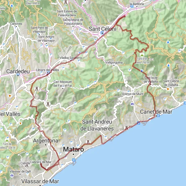 Karten-Miniaturansicht der Radinspiration "Bergige Gravel-Radtour von Cabrera de Mar" in Cataluña, Spain. Erstellt vom Tarmacs.app-Routenplaner für Radtouren