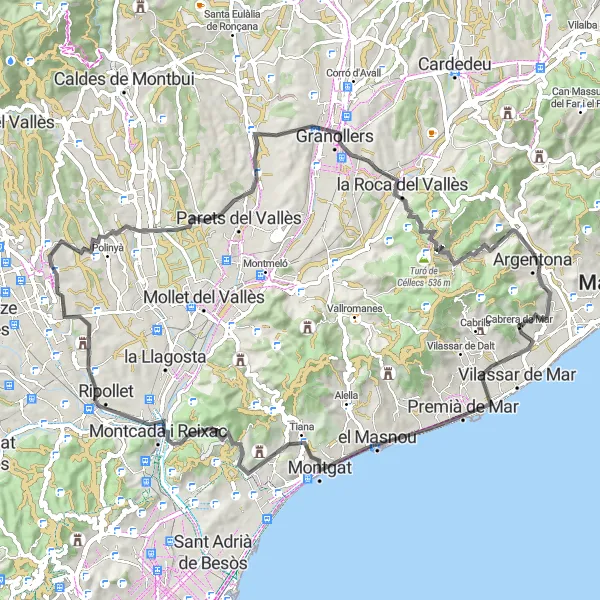 Miniatura della mappa di ispirazione al ciclismo "Giro in bicicletta stradale da Cabrera de Mar" nella regione di Cataluña, Spain. Generata da Tarmacs.app, pianificatore di rotte ciclistiche
