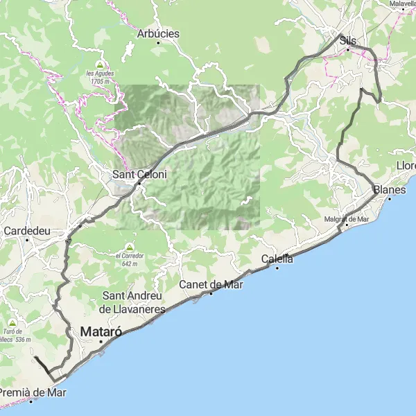 Miniaturní mapa "Coastal Road Cycling to Calella" inspirace pro cyklisty v oblasti Cataluña, Spain. Vytvořeno pomocí plánovače tras Tarmacs.app