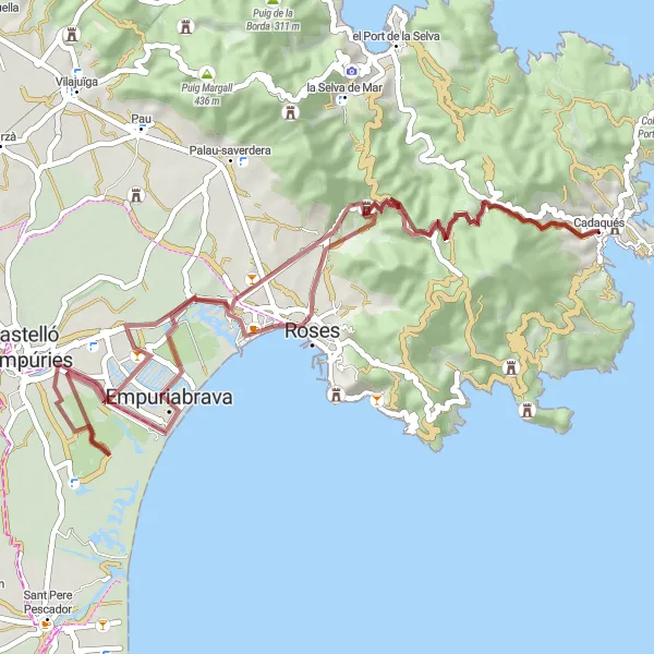 Miniatura della mappa di ispirazione al ciclismo "Percorso Gravel intorno a Cadaqués" nella regione di Cataluña, Spain. Generata da Tarmacs.app, pianificatore di rotte ciclistiche