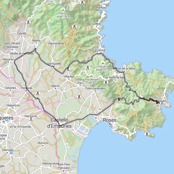 Miniatura della mappa di ispirazione al ciclismo "Giro in bicicletta di 76 km da Cadaqués" nella regione di Cataluña, Spain. Generata da Tarmacs.app, pianificatore di rotte ciclistiche