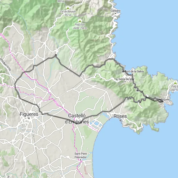 Map miniature of "The Breezy Journey" cycling inspiration in Cataluña, Spain. Generated by Tarmacs.app cycling route planner