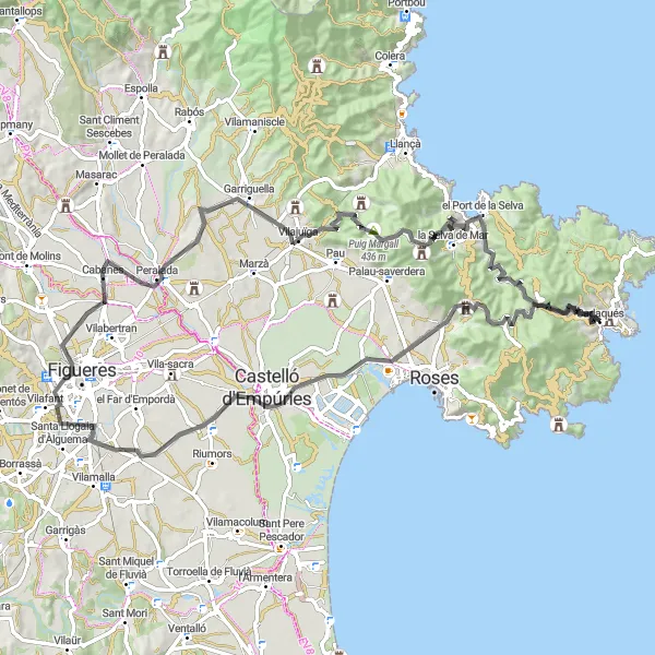 Miniatura della mappa di ispirazione al ciclismo "Giro in bicicletta da Cadaqués" nella regione di Cataluña, Spain. Generata da Tarmacs.app, pianificatore di rotte ciclistiche