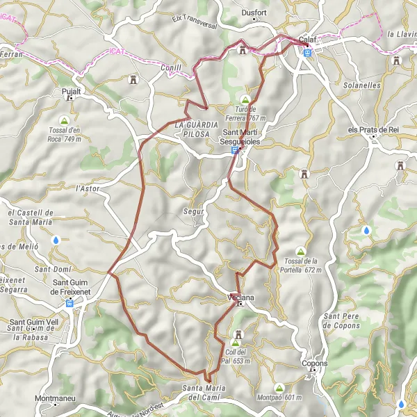 Map miniature of "Gravel Adventure in Calaf" cycling inspiration in Cataluña, Spain. Generated by Tarmacs.app cycling route planner