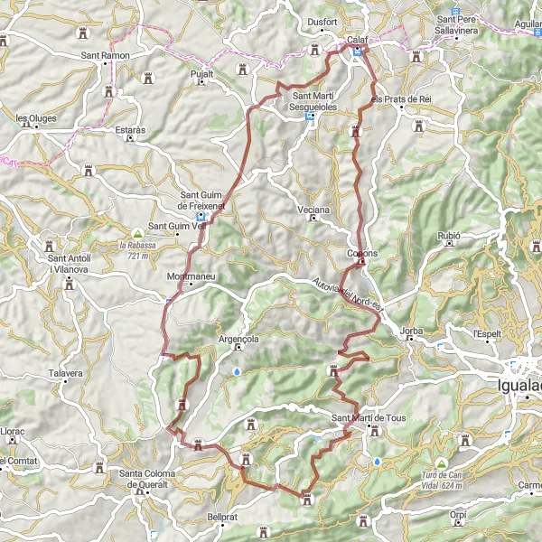 Miniatura della mappa di ispirazione al ciclismo "Esplorazione in bicicletta dei dintorni di Calaf" nella regione di Cataluña, Spain. Generata da Tarmacs.app, pianificatore di rotte ciclistiche