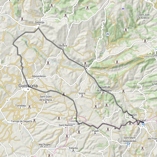 Map miniature of "Scenic Road Loop from Calaf" cycling inspiration in Cataluña, Spain. Generated by Tarmacs.app cycling route planner