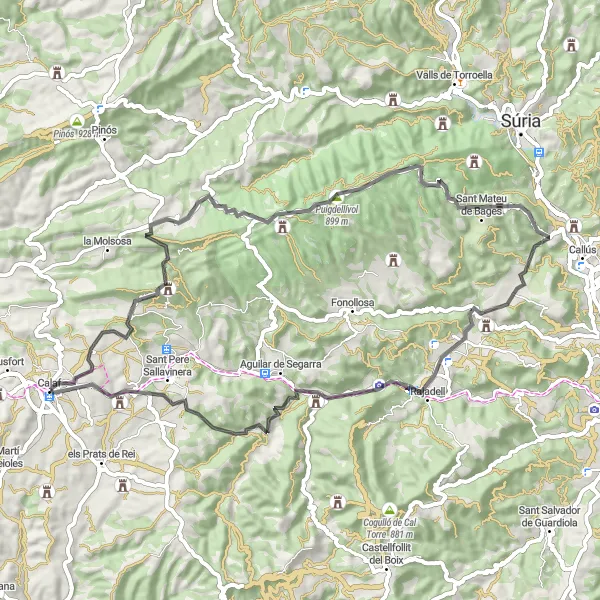 Miniature de la carte de l'inspiration cycliste "Route des Montagnes de Calaf" dans la Cataluña, Spain. Générée par le planificateur d'itinéraire cycliste Tarmacs.app