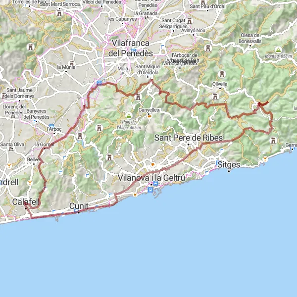 Miniatura della mappa di ispirazione al ciclismo "Emozionante giro in bicicletta nell'entroterra di Calafell" nella regione di Cataluña, Spain. Generata da Tarmacs.app, pianificatore di rotte ciclistiche