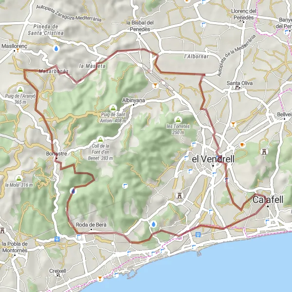 Miniatura della mappa di ispirazione al ciclismo "Percorso in bicicletta in sterrato intorno a Calafell" nella regione di Cataluña, Spain. Generata da Tarmacs.app, pianificatore di rotte ciclistiche