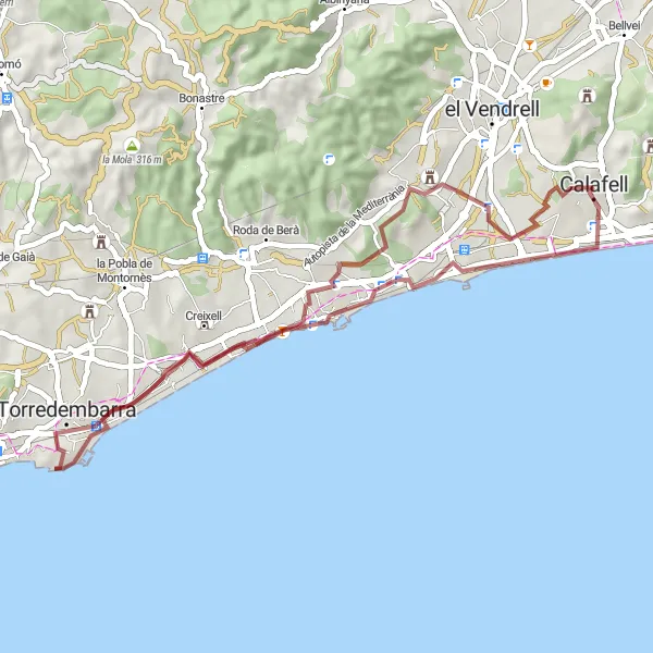 Miniatura della mappa di ispirazione al ciclismo "Giro in bicicletta in sterrato nei pressi di Calafell" nella regione di Cataluña, Spain. Generata da Tarmacs.app, pianificatore di rotte ciclistiche