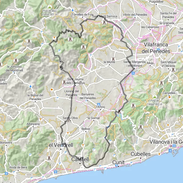 Map miniature of "Calafell Challenge Ride" cycling inspiration in Cataluña, Spain. Generated by Tarmacs.app cycling route planner