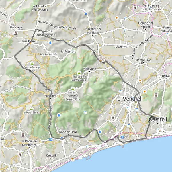 Miniaturekort af cykelinspirationen "Rundtur på landevejen til Masllorenç og Roda de Berà" i Cataluña, Spain. Genereret af Tarmacs.app cykelruteplanlægger