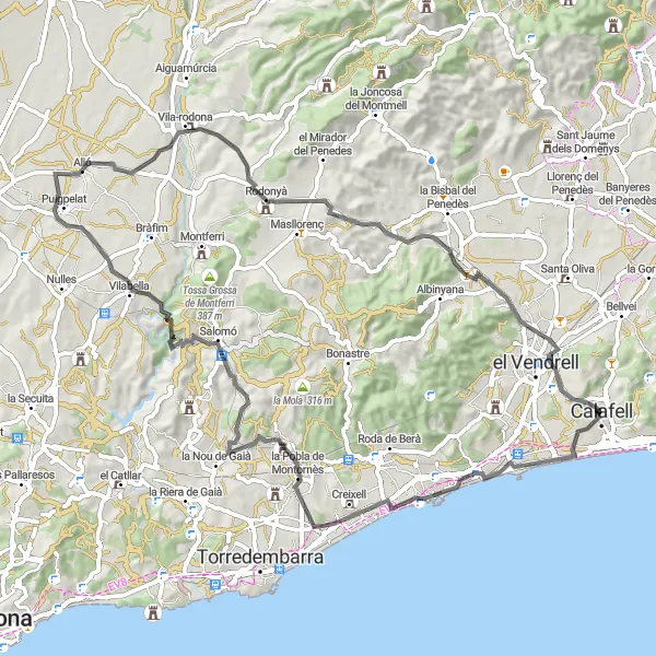 Map miniature of "Calafell to Vilabella Loop" cycling inspiration in Cataluña, Spain. Generated by Tarmacs.app cycling route planner