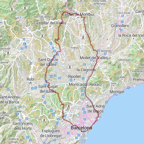 Miniaturní mapa "Gravelová trasa od Caldes de Montbui" inspirace pro cyklisty v oblasti Cataluña, Spain. Vytvořeno pomocí plánovače tras Tarmacs.app