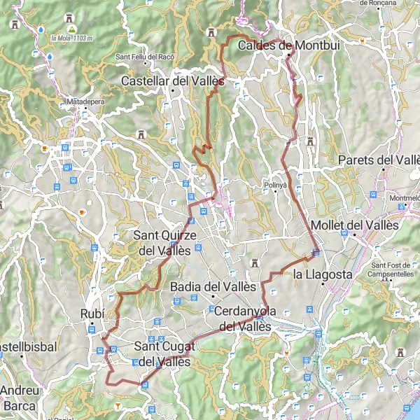 Map miniature of "Gravel Adventure through Montserrat and the Vallès Occidental" cycling inspiration in Cataluña, Spain. Generated by Tarmacs.app cycling route planner