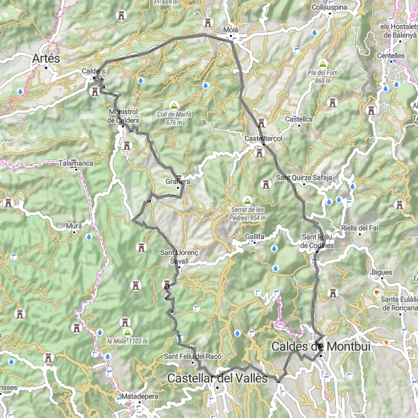 Miniatura della mappa di ispirazione al ciclismo "Giro panoramico tra Caldes de Montbui e Puig del Prat" nella regione di Cataluña, Spain. Generata da Tarmacs.app, pianificatore di rotte ciclistiche