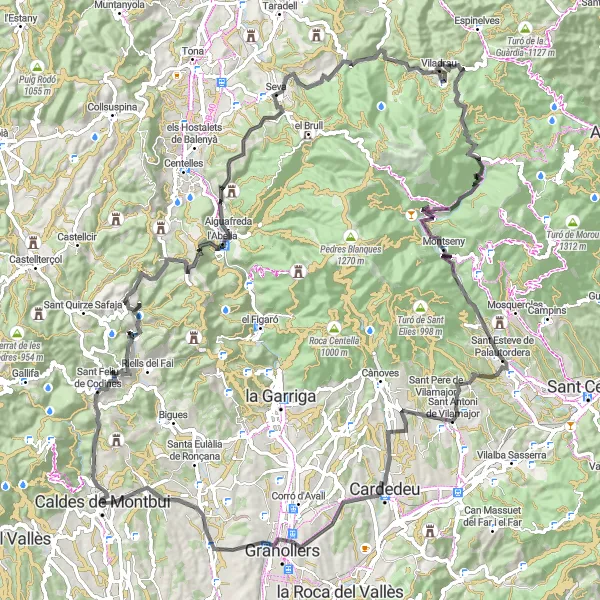 Map miniature of "Mountains and Monuments" cycling inspiration in Cataluña, Spain. Generated by Tarmacs.app cycling route planner