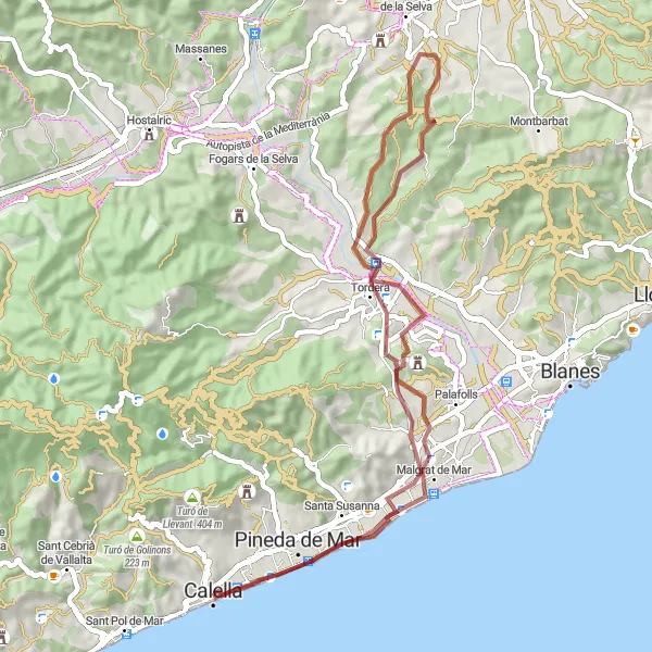 Miniatua del mapa de inspiración ciclista "Explorando Castell de Palafolls en Grava" en Cataluña, Spain. Generado por Tarmacs.app planificador de rutas ciclistas