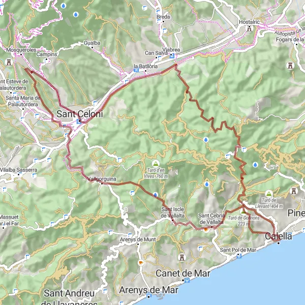 Map miniature of "Gravel Adventure through the Maresme Countryside" cycling inspiration in Cataluña, Spain. Generated by Tarmacs.app cycling route planner