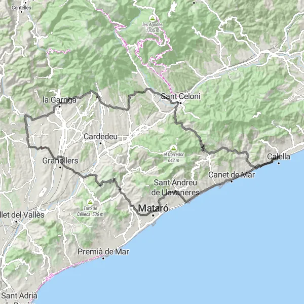 Miniatura della mappa di ispirazione al ciclismo "Calella - Sant Cebrià de Vallalta" nella regione di Cataluña, Spain. Generata da Tarmacs.app, pianificatore di rotte ciclistiche