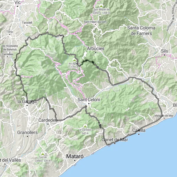 Miniatua del mapa de inspiración ciclista "Ruta de los Tres Bisbes y Hostalric" en Cataluña, Spain. Generado por Tarmacs.app planificador de rutas ciclistas