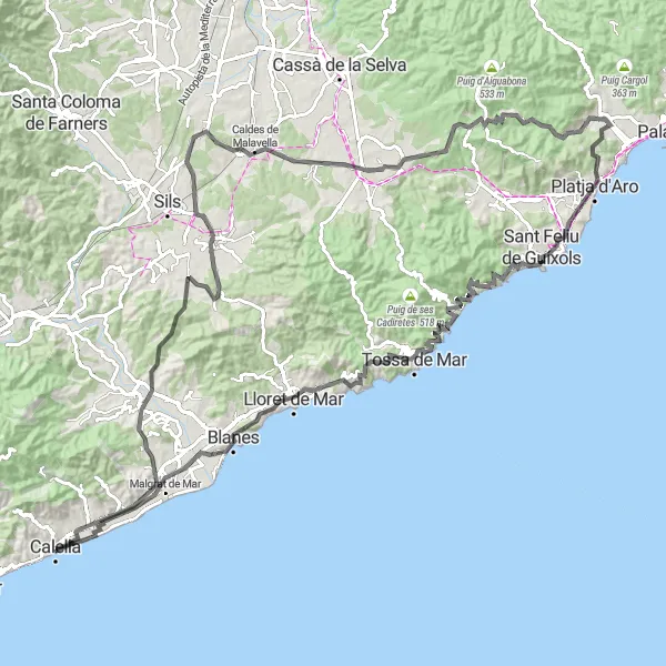 Miniatura della mappa di ispirazione al ciclismo "Cicloturismo da Pineda de Mar a Casa del 1905" nella regione di Cataluña, Spain. Generata da Tarmacs.app, pianificatore di rotte ciclistiche