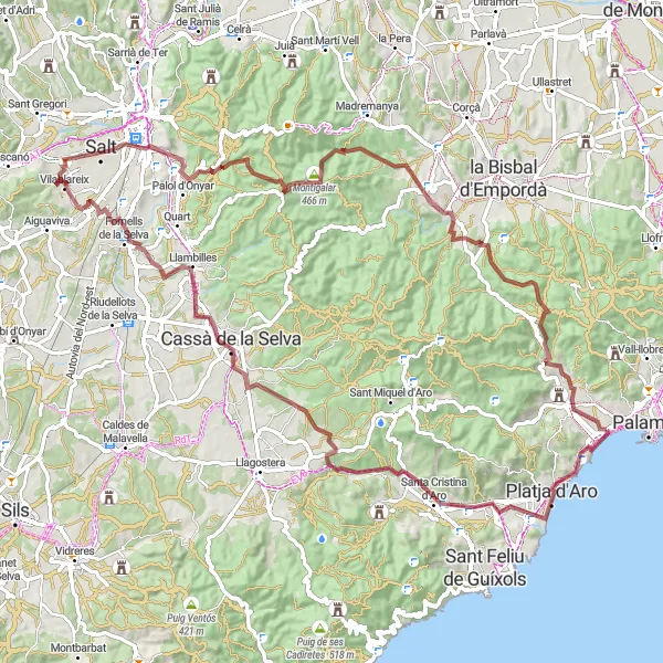 Miniatura della mappa di ispirazione al ciclismo "Traversata Avventurosa sulla Gravel di Calonge" nella regione di Cataluña, Spain. Generata da Tarmacs.app, pianificatore di rotte ciclistiche