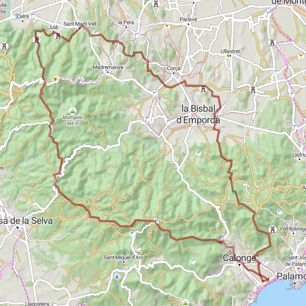 Miniature de la carte de l'inspiration cycliste "La boucle gravel de Calonge vers Vulpellac" dans la Cataluña, Spain. Générée par le planificateur d'itinéraire cycliste Tarmacs.app