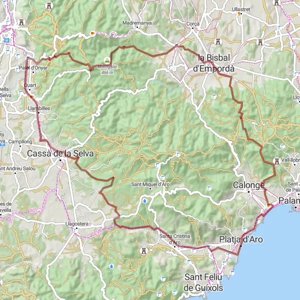 Map miniature of "Gravel Adventure to Llambilles and Monells" cycling inspiration in Cataluña, Spain. Generated by Tarmacs.app cycling route planner