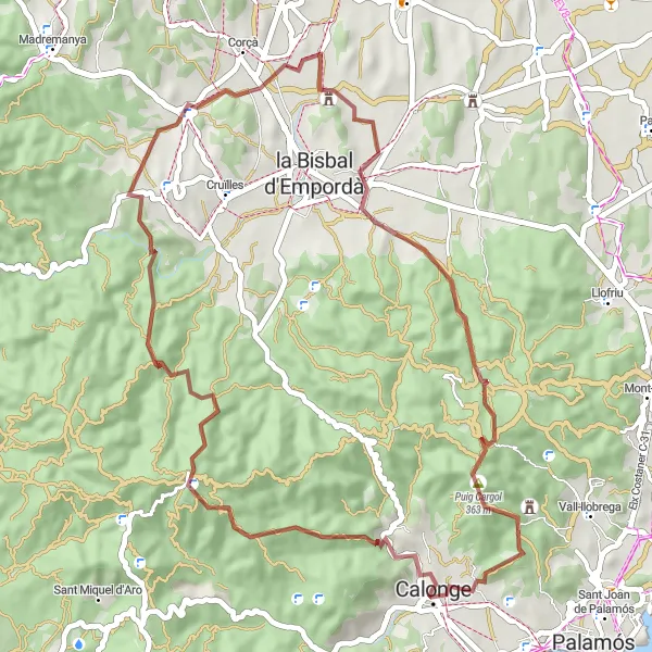 Miniatura della mappa di ispirazione al ciclismo "Gravel tra Calonge e Castell de Calonge" nella regione di Cataluña, Spain. Generata da Tarmacs.app, pianificatore di rotte ciclistiche