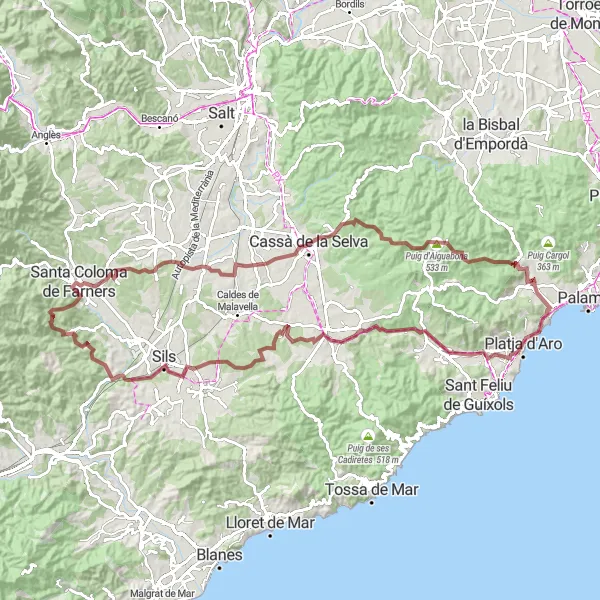 Miniatuurkaart van de fietsinspiratie "Grensoverschrijdend Avontuur" in Cataluña, Spain. Gemaakt door de Tarmacs.app fietsrouteplanner