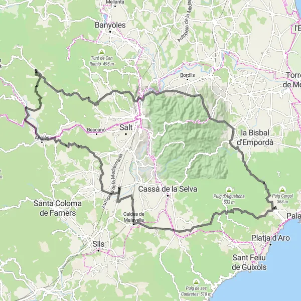 Map miniature of "Calonge to Castell de Calonge Loop" cycling inspiration in Cataluña, Spain. Generated by Tarmacs.app cycling route planner