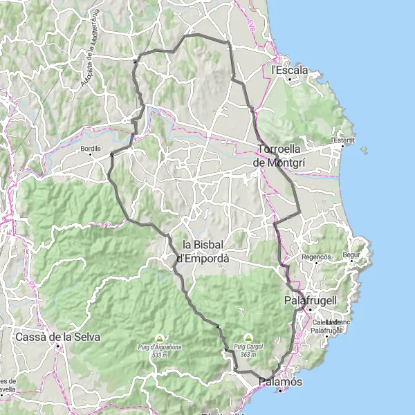 Map miniature of "Calonge to Puigsesforques Loop" cycling inspiration in Cataluña, Spain. Generated by Tarmacs.app cycling route planner