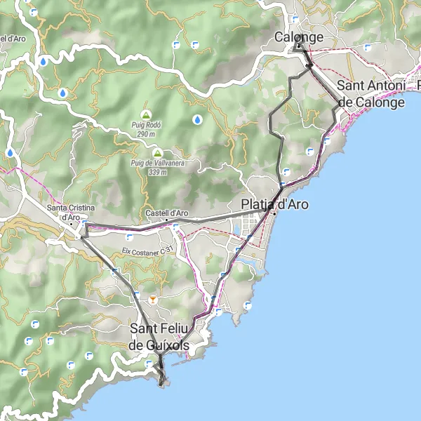 Map miniature of "Calonge and Platja d'Aro Loop" cycling inspiration in Cataluña, Spain. Generated by Tarmacs.app cycling route planner