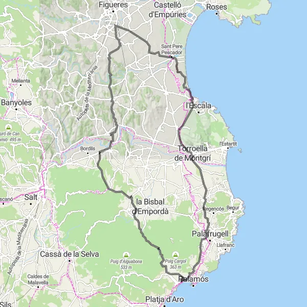 Map miniature of "Calonge to Torre Valentina Loop" cycling inspiration in Cataluña, Spain. Generated by Tarmacs.app cycling route planner